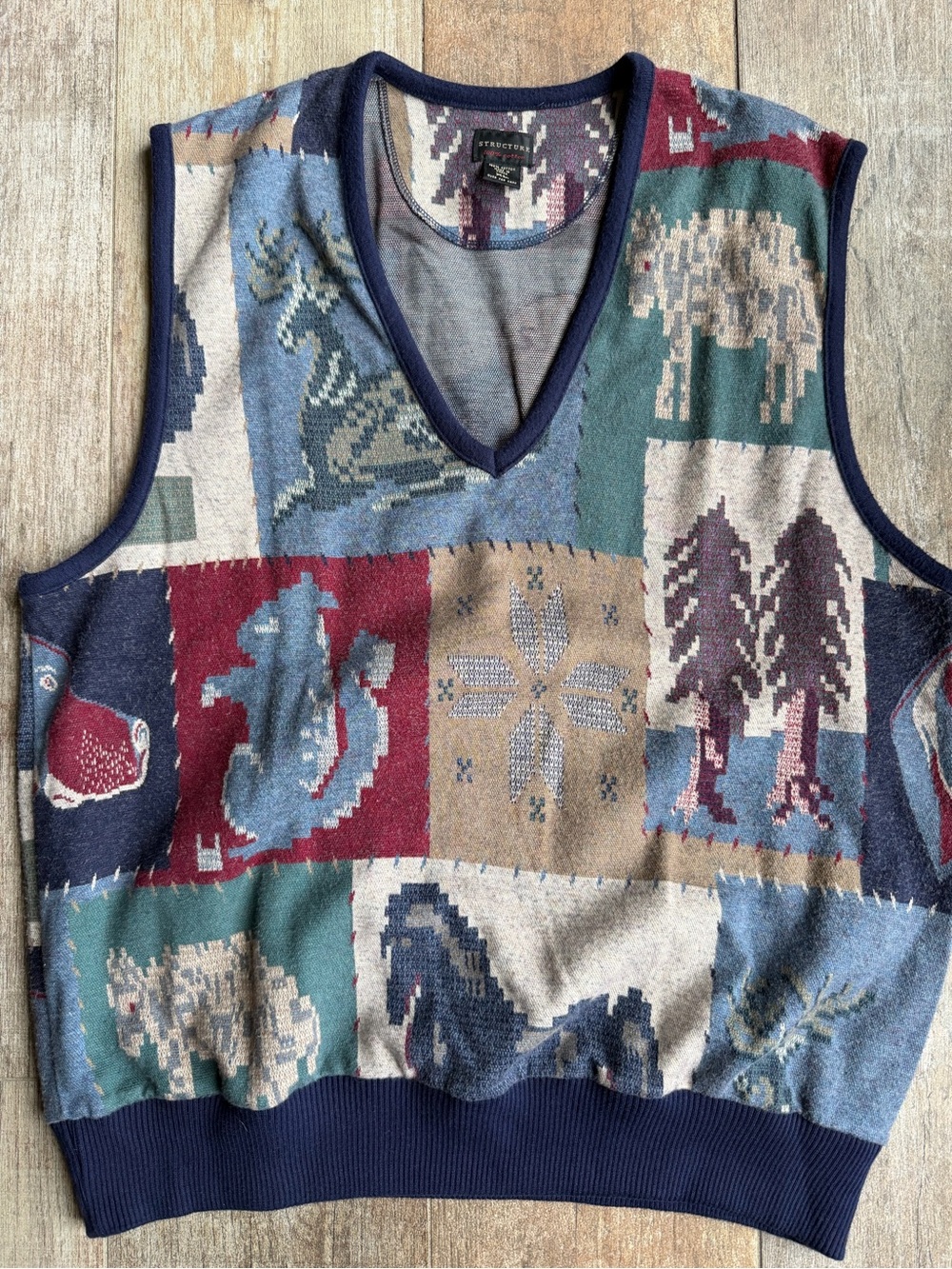 Structure Multicolor Patchwork V-Neck Sweater Vest with Navy Trim